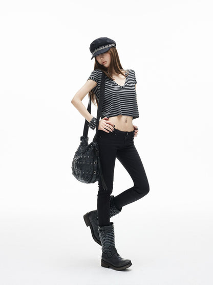 iamxiaa Black Gray Striped Sweetheart Flutter Sleeves Women&
