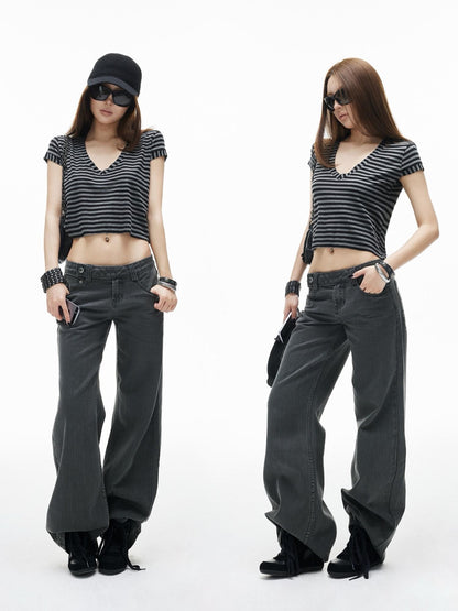 iamxiaa Black Gray Striped Sweetheart Flutter Sleeves Women&