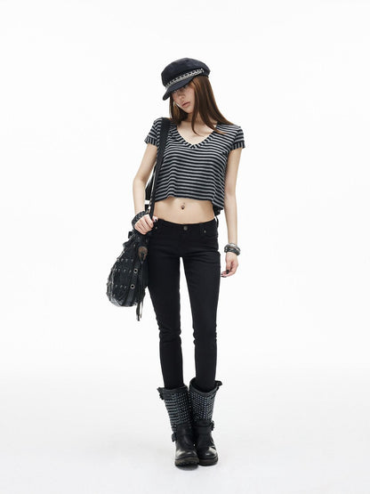 iamxiaa Black Gray Striped Sweetheart Flutter Sleeves Women&