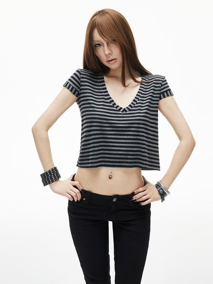 iamxiaa Black Gray Striped Sweetheart Flutter Sleeves Women&