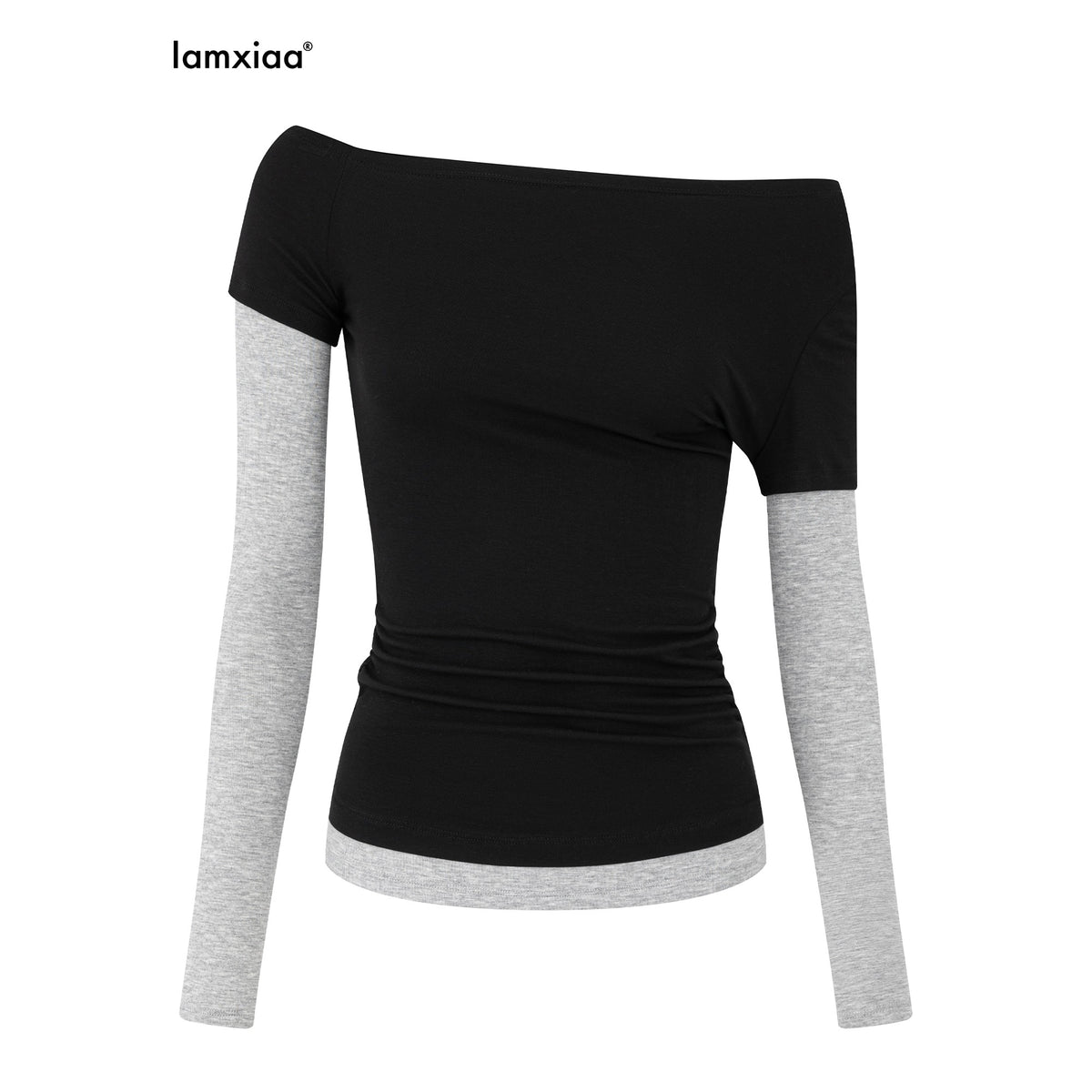 iamxiaa_Black_Grey_Color_Block_Asymmetric_One_Shoulder_Slim_Fit_Women&