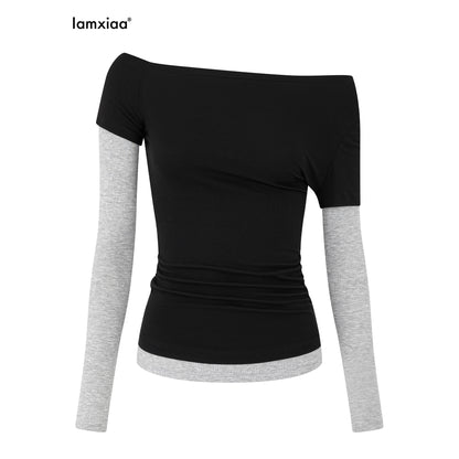 iamxiaa_Black_Grey_Color_Block_Asymmetric_One_Shoulder_Slim_Fit_Women&