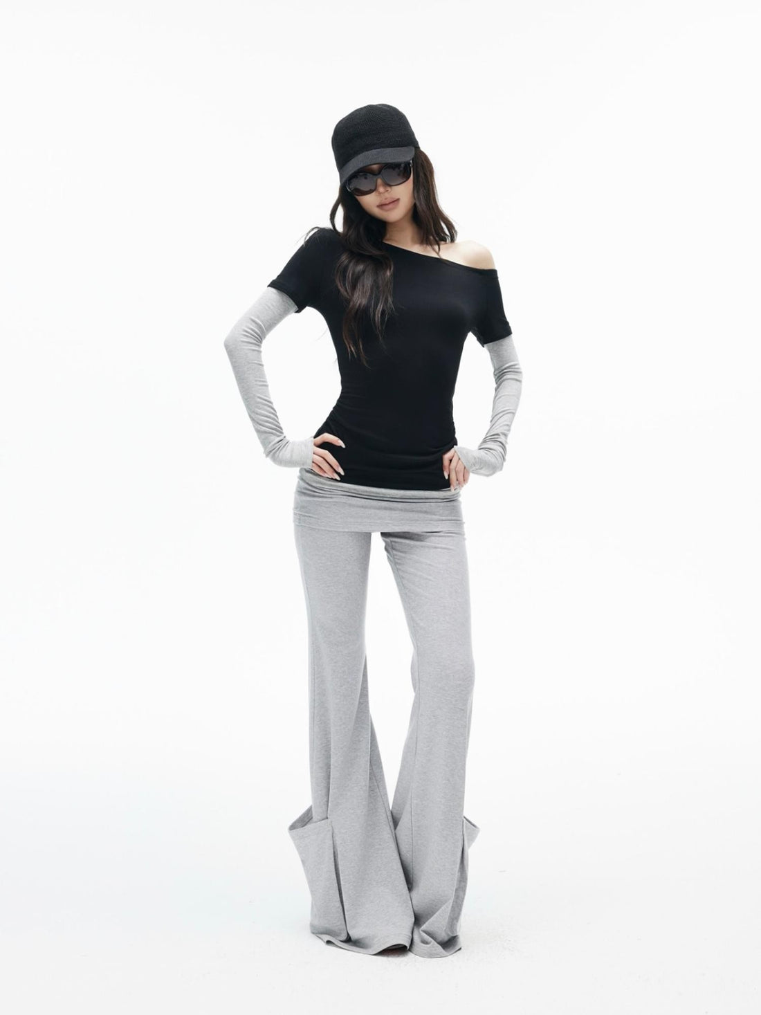 iamxiaa Black Grey Color Block Asymmetric One Shoulder Slim Fit Women&