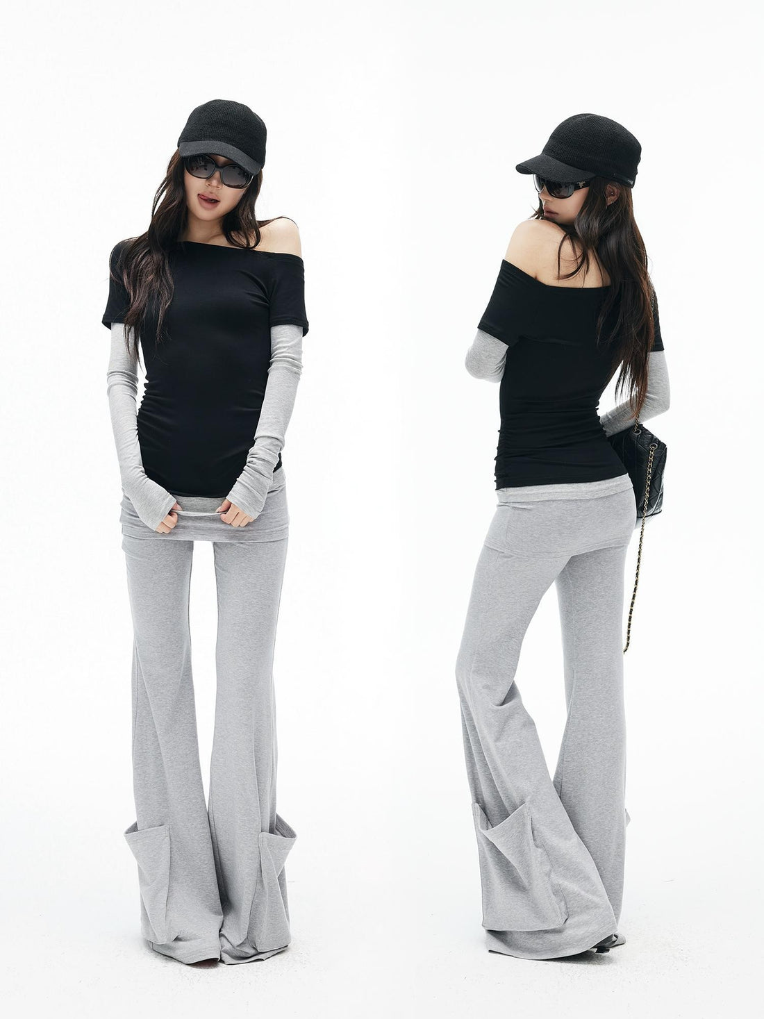 iamxiaa Black Grey Color Block Asymmetric One Shoulder Slim Fit Women&