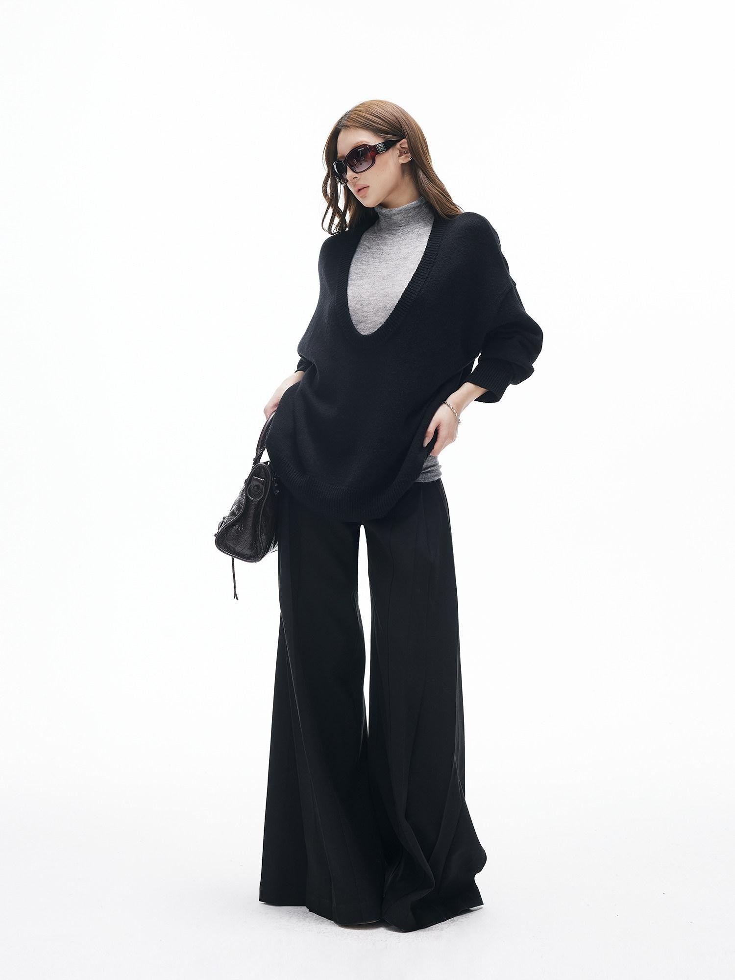 iamxiaa Black Grey Colorblock Deep V-neck Two Piece Set Women&