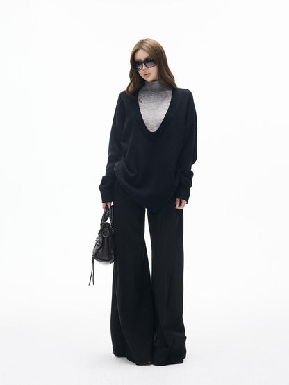 iamxiaa Black Grey Colorblock Deep V-neck Two Piece Set Women&