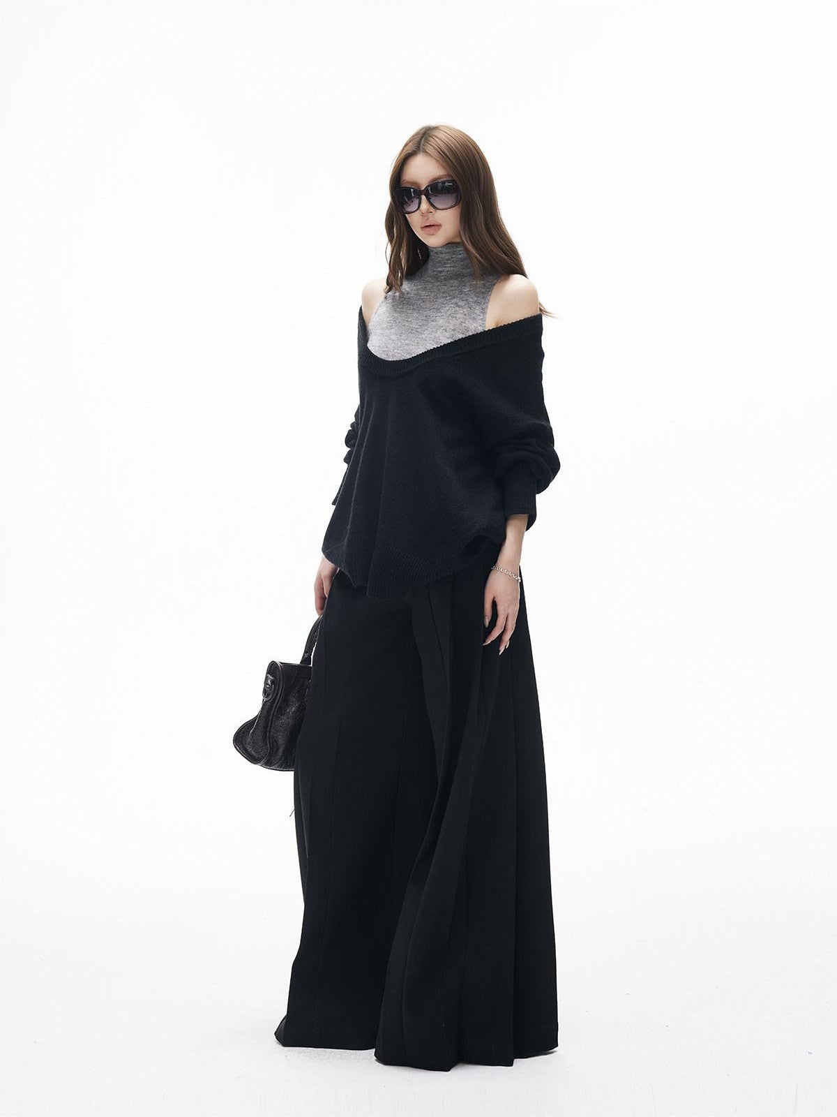 iamxiaa Black Grey Colorblock Deep V-neck Two Piece Set Women&