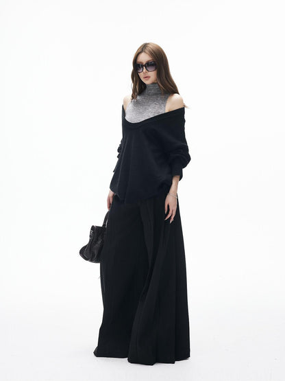iamxiaa Black Grey Colorblock Deep V-neck Two Piece Set Women&