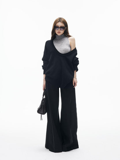 iamxiaa Black Grey Colorblock Deep V-neck Two Piece Set Women&