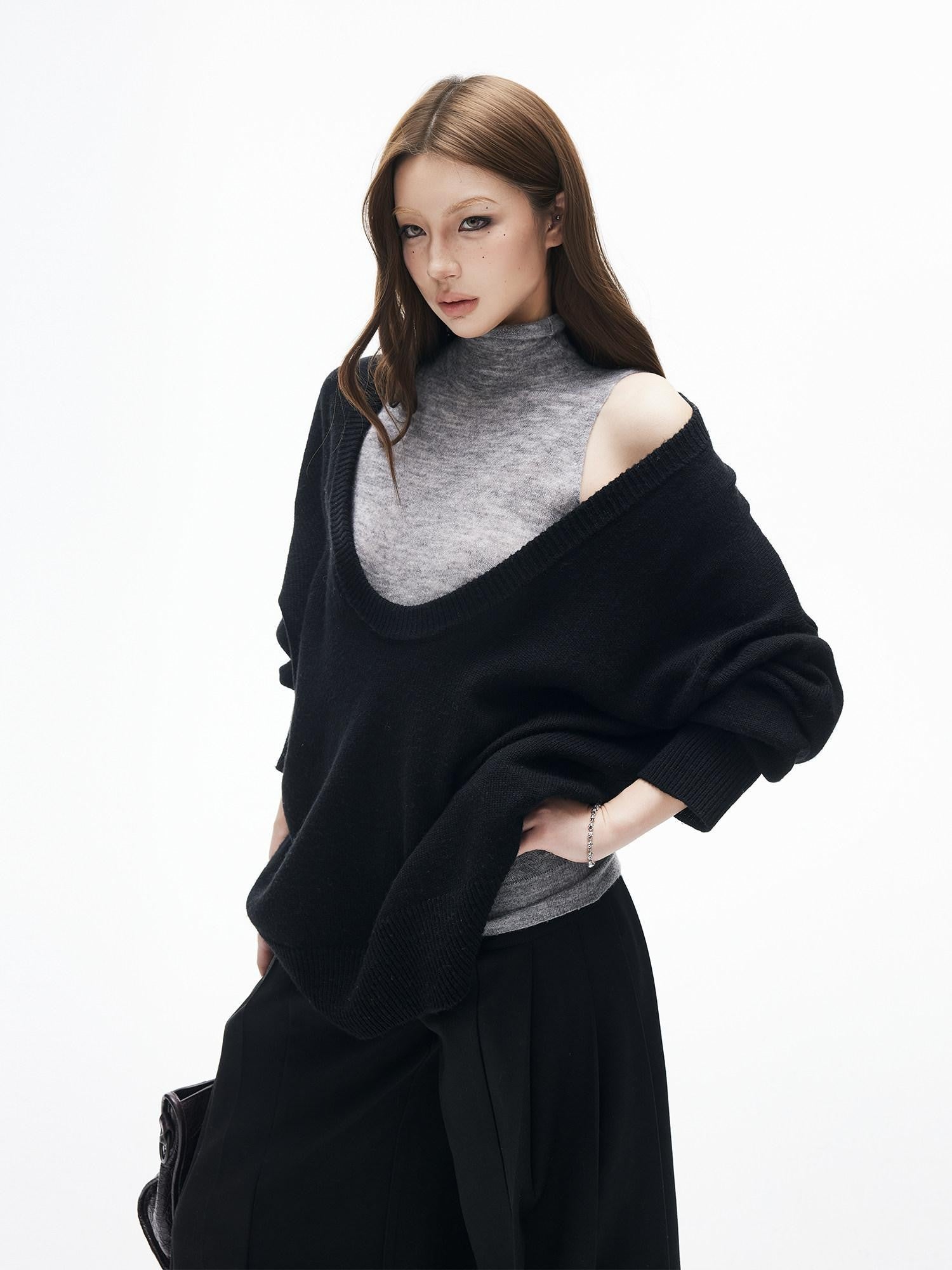 iamxiaa Black Grey Colorblock Deep V-neck Two Piece Set Women&