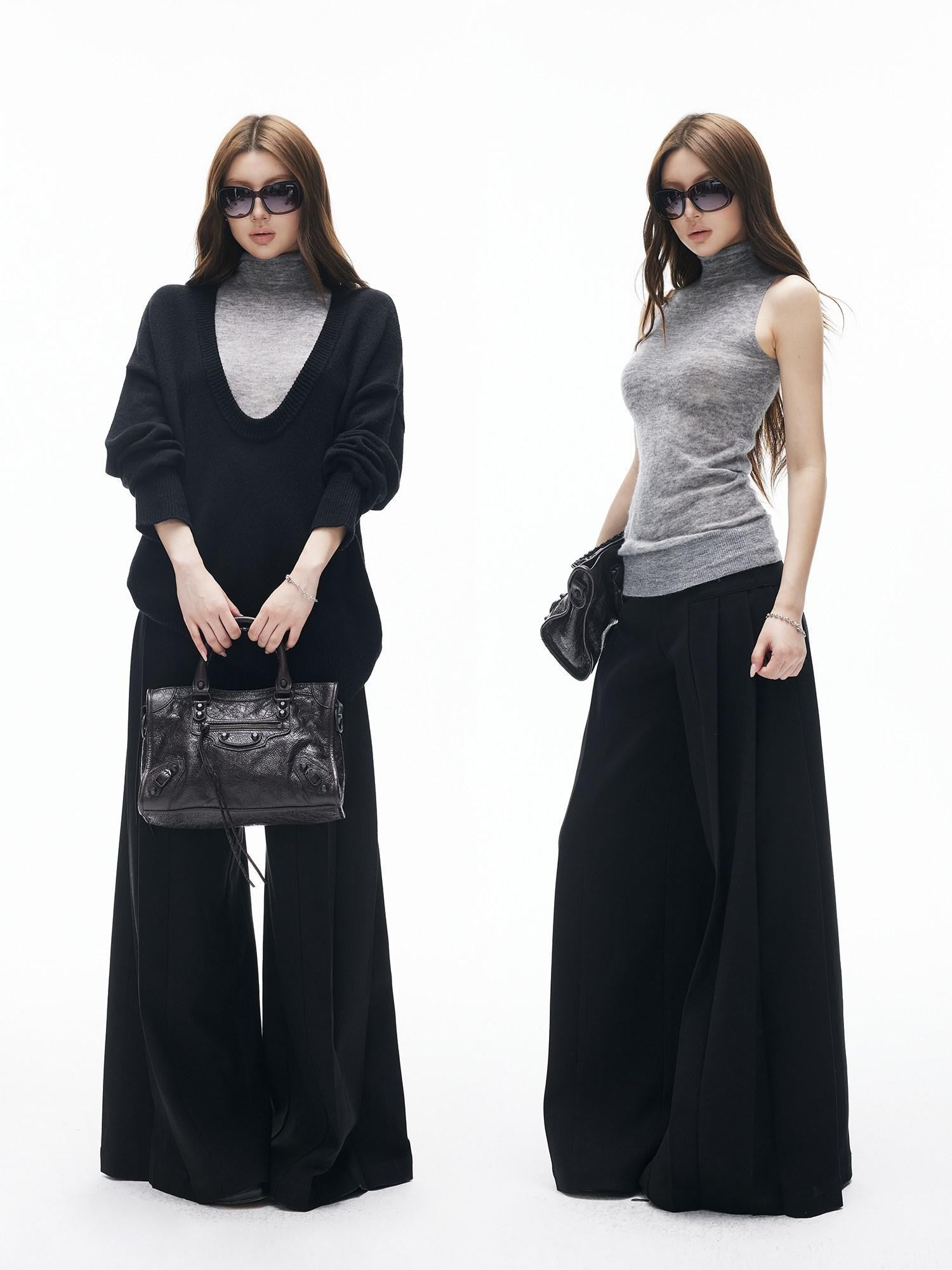 iamxiaa Black Grey Colorblock Deep V-neck Two Piece Set Women&