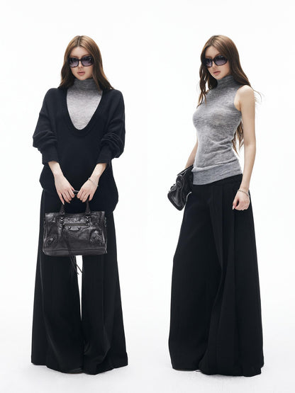 iamxiaa Black Grey Colorblock Deep V-neck Two Piece Set Women&