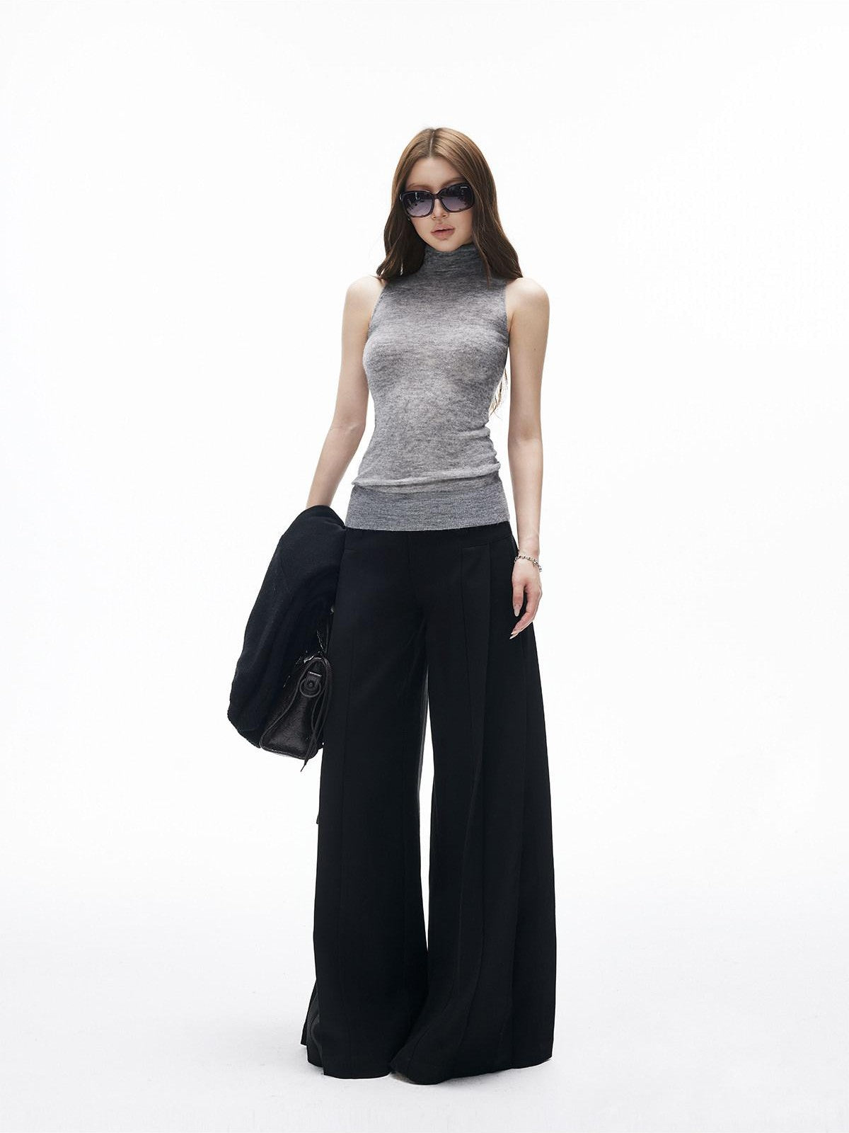 iamxiaa Black Grey Colorblock Deep V-neck Two Piece Set Women&
