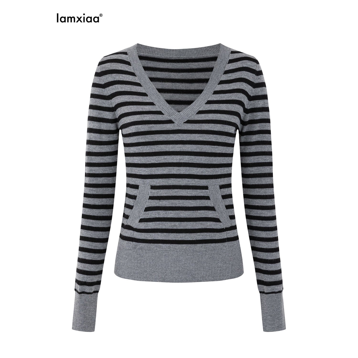 iamxiaa_Black_Grey_Striped_V-neck_Patch_Pocket_Thumbhole_Women&