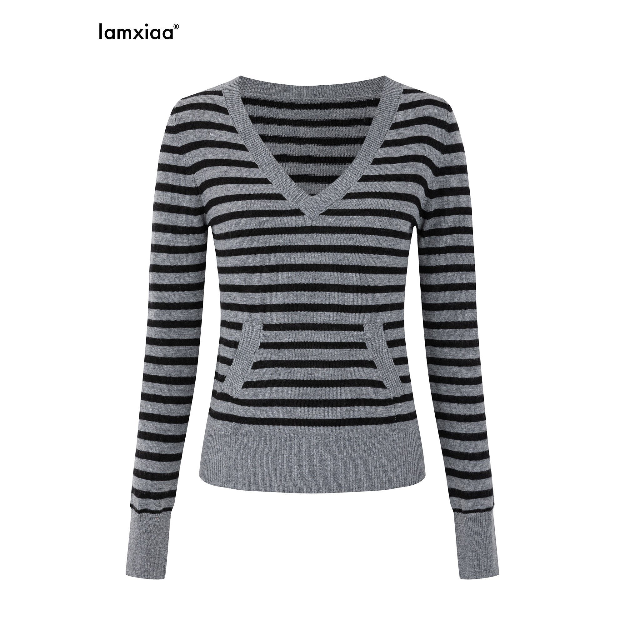 iamxiaa_Black_Grey_Striped_V-neck_Patch_Pocket_Thumbhole_Women&