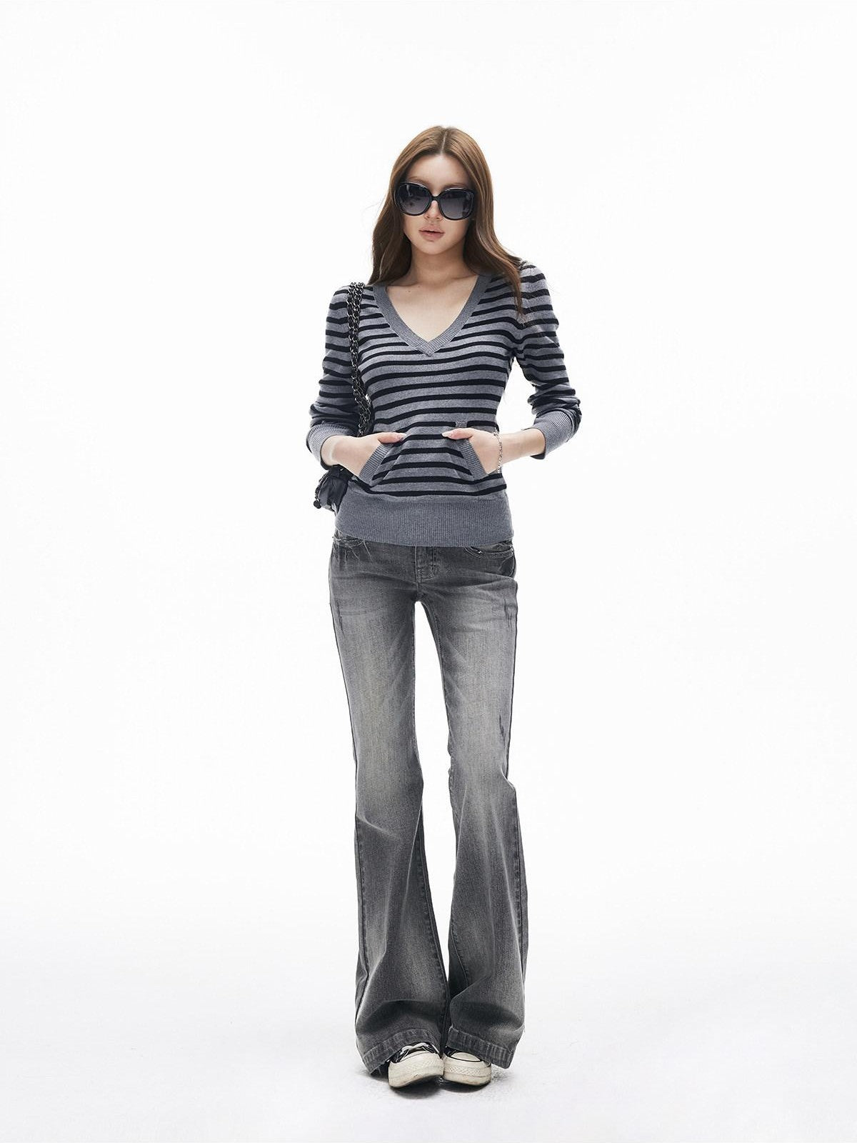 iamxiaa Black Grey Striped V-neck Patch Pocket Thumbhole Women&