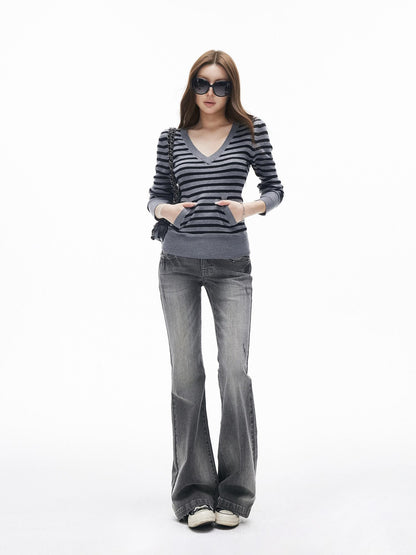 iamxiaa Black Grey Striped V-neck Patch Pocket Thumbhole Women&
