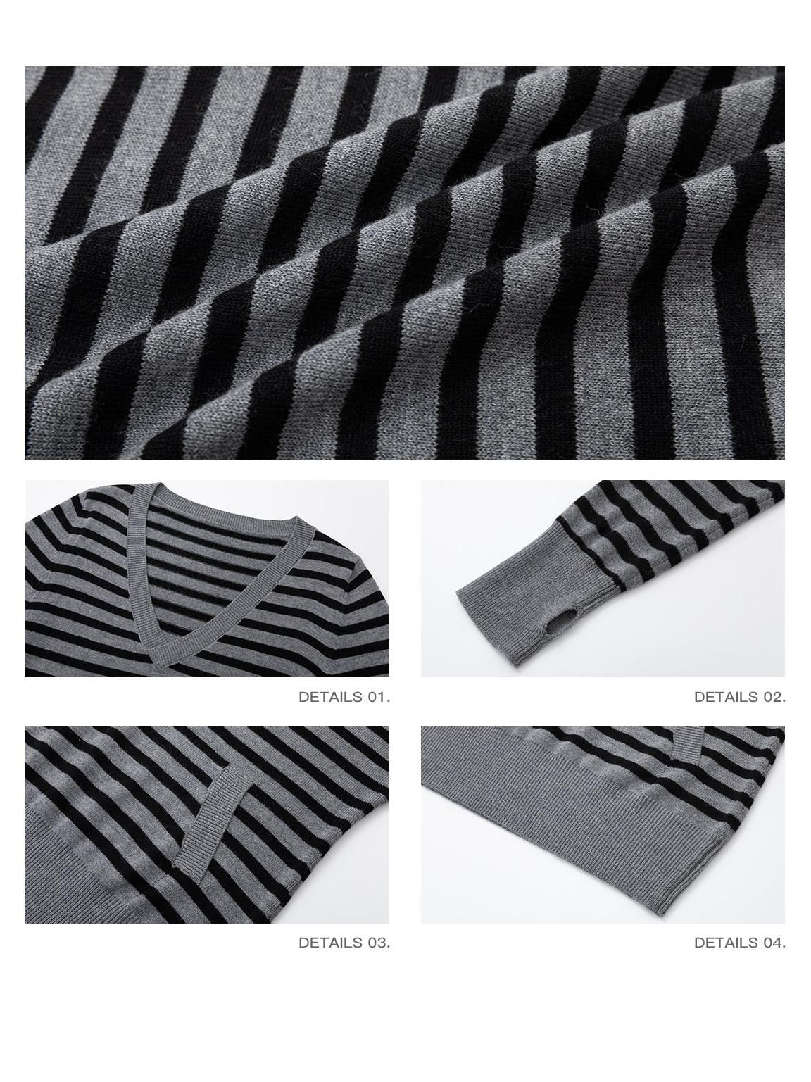 iamxiaa Black Grey Striped V-neck Patch Pocket Thumbhole Women&