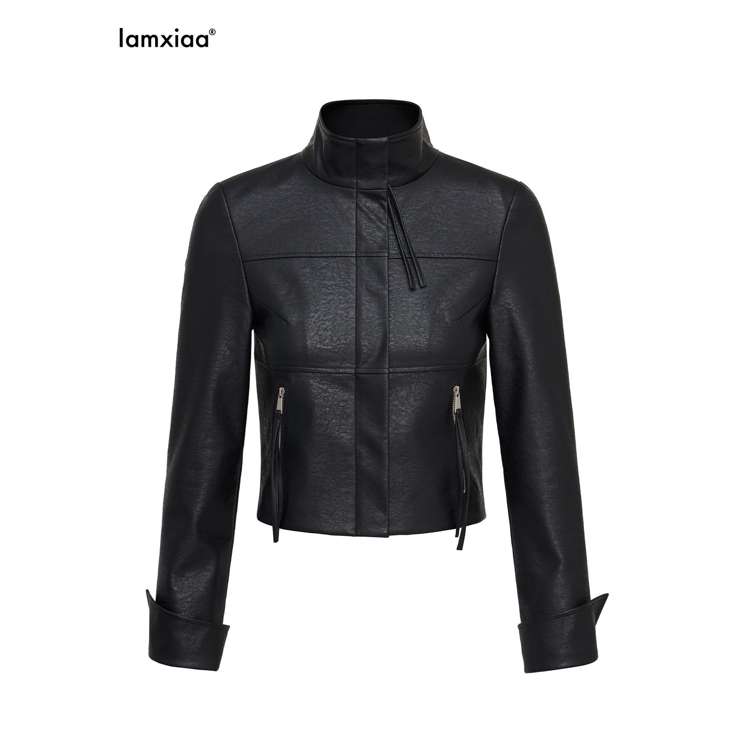 iamxiaa_Black_Matte_Marble_Print_Stand_Collar_Cropped_Slim_Women&