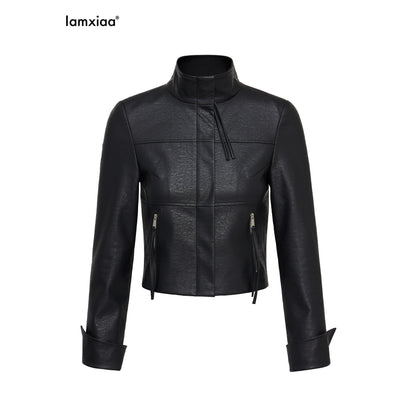 iamxiaa_Black_Matte_Marble_Print_Stand_Collar_Cropped_Slim_Women&