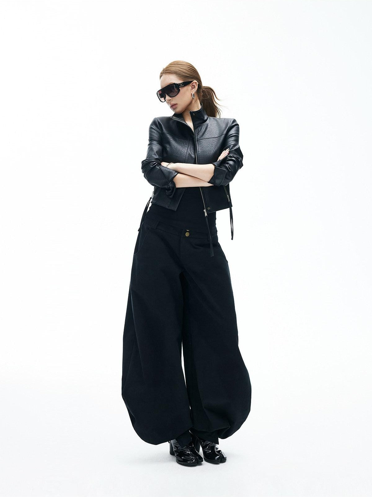 iamxiaa Black Matte Marble Print Stand Collar Cropped Slim Women&