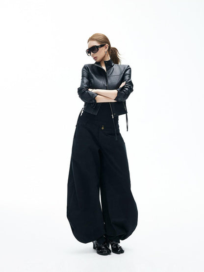 iamxiaa Black Matte Marble Print Stand Collar Cropped Slim Women&