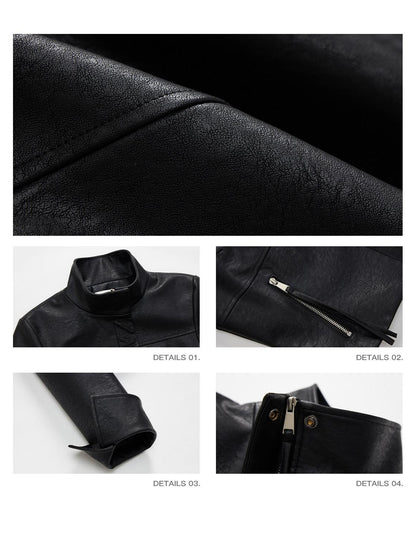 iamxiaa Black Matte Marble Print Stand Collar Cropped Slim Women&