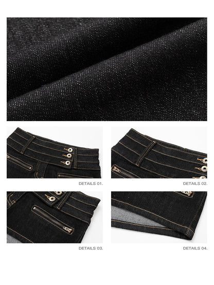 iamxiaa Black Multi Button Topstitch Low Rise Wide Waistband Women&