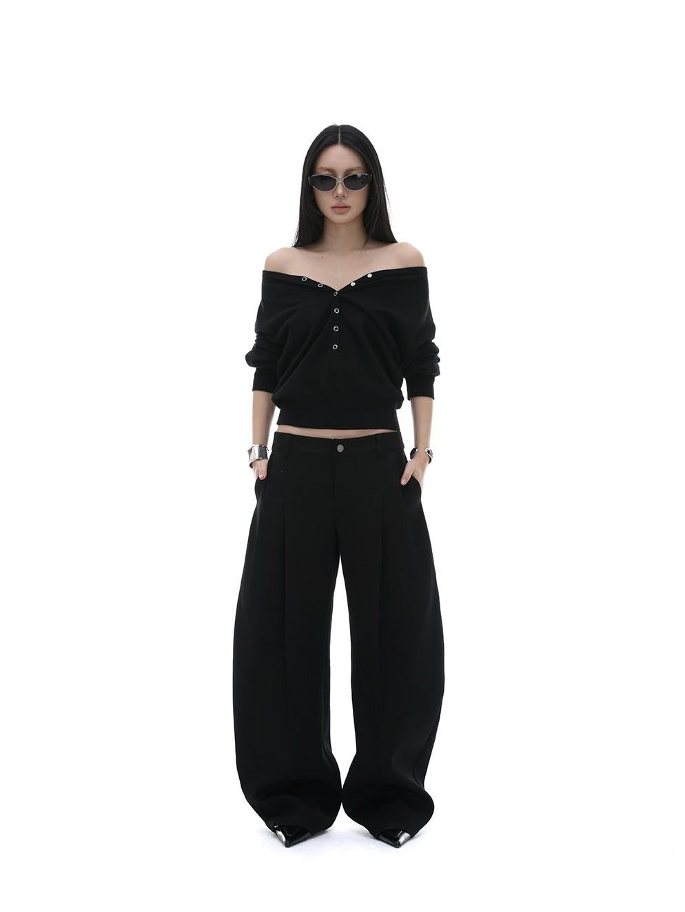 iamxiaa Black Pressed Pleat 3d Tailored Curved Leg Women&