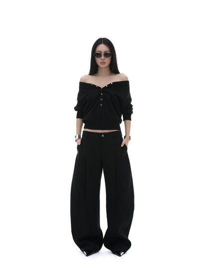 iamxiaa Black Pressed Pleat 3d Tailored Curved Leg Women&