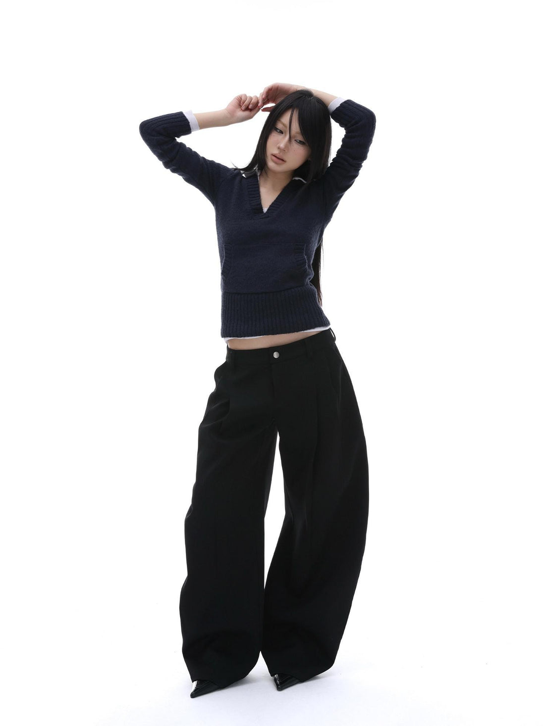 iamxiaa Black Pressed Pleat 3d Tailored Curved Leg Women&