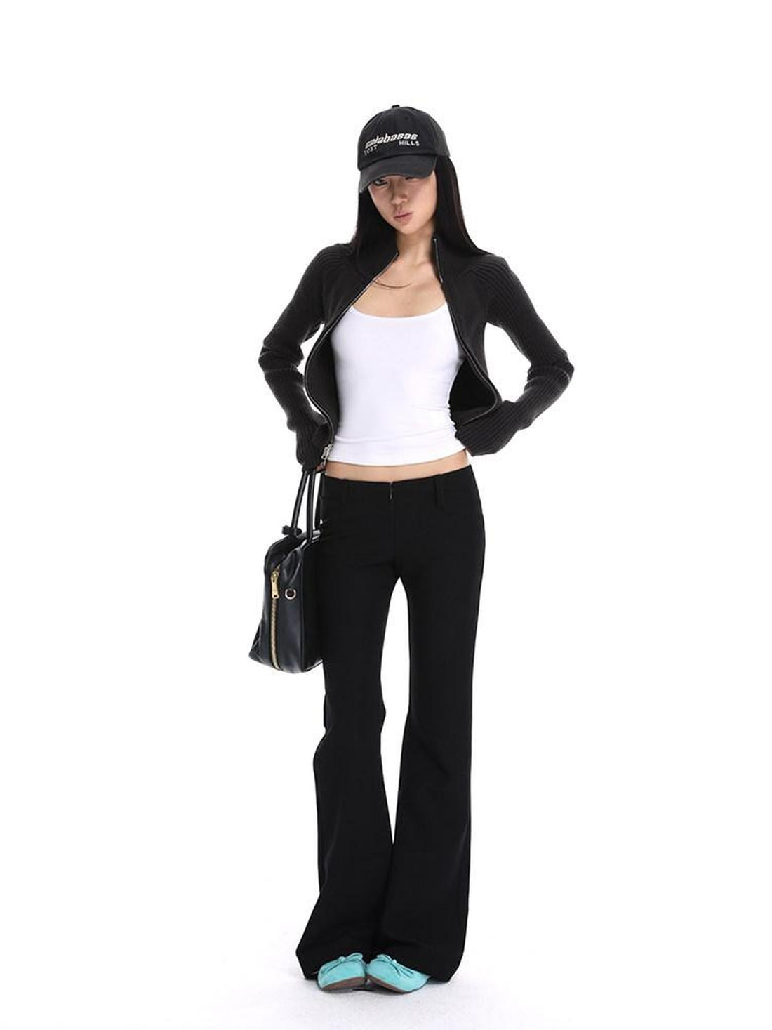 iamxiaa Black Stretch Drape Low Waist Slim Micro Flare Women&