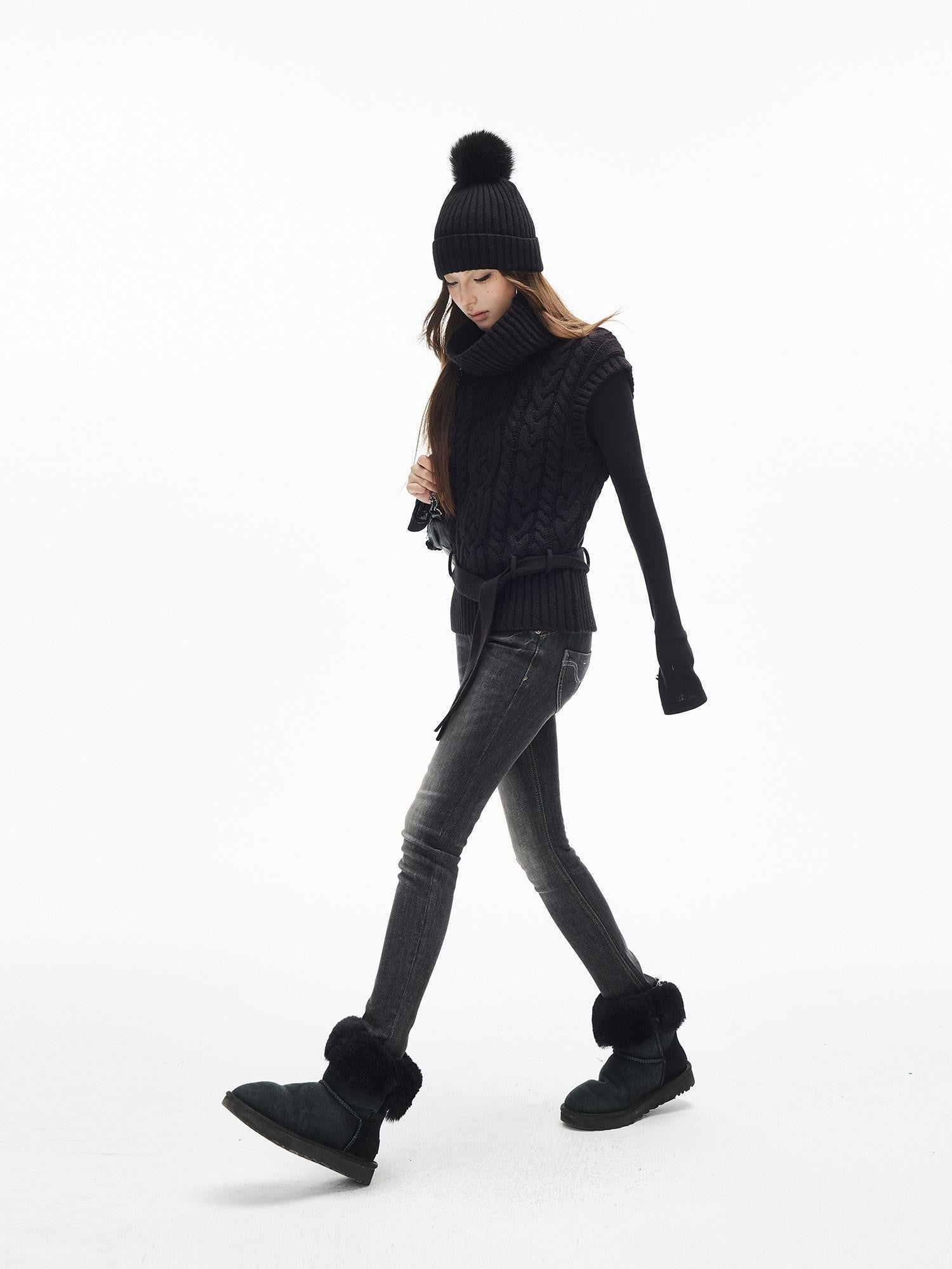 iamxiaa Black Vintage Washed Double Button Whiskered Women&