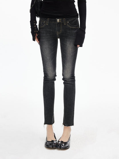iamxiaa Black Vintage Washed Double Button Whiskered Women&