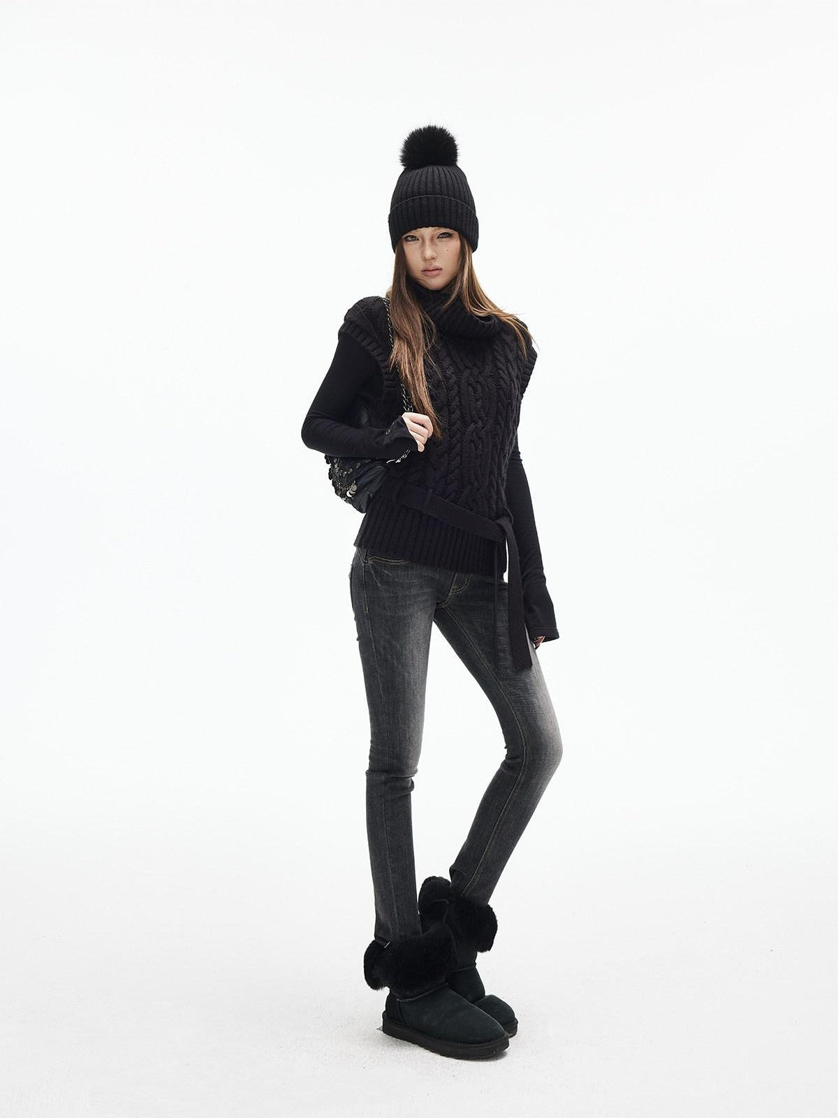 iamxiaa Black Vintage Washed Double Button Whiskered Women&