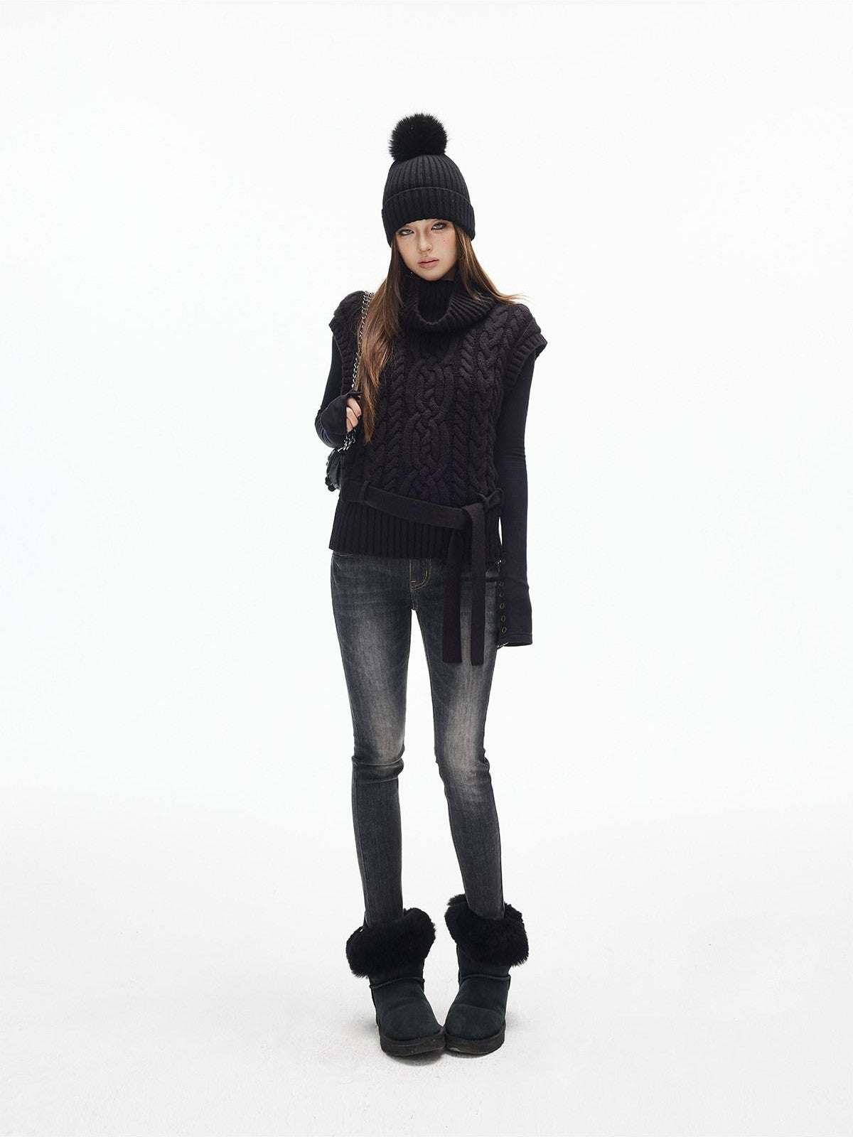 iamxiaa Black Vintage Washed Double Button Whiskered Women&