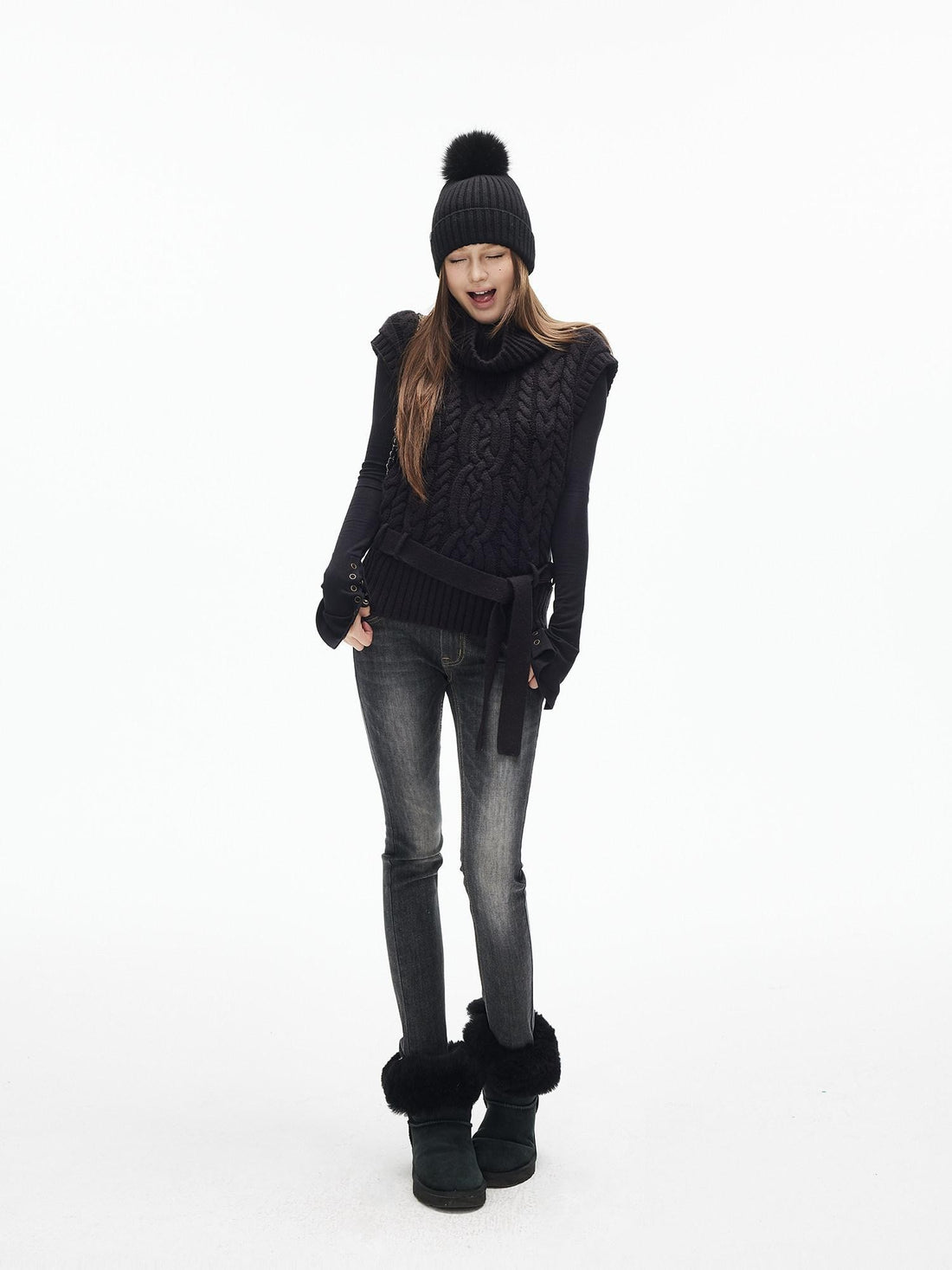 iamxiaa Black Vintage Washed Double Button Whiskered Women&
