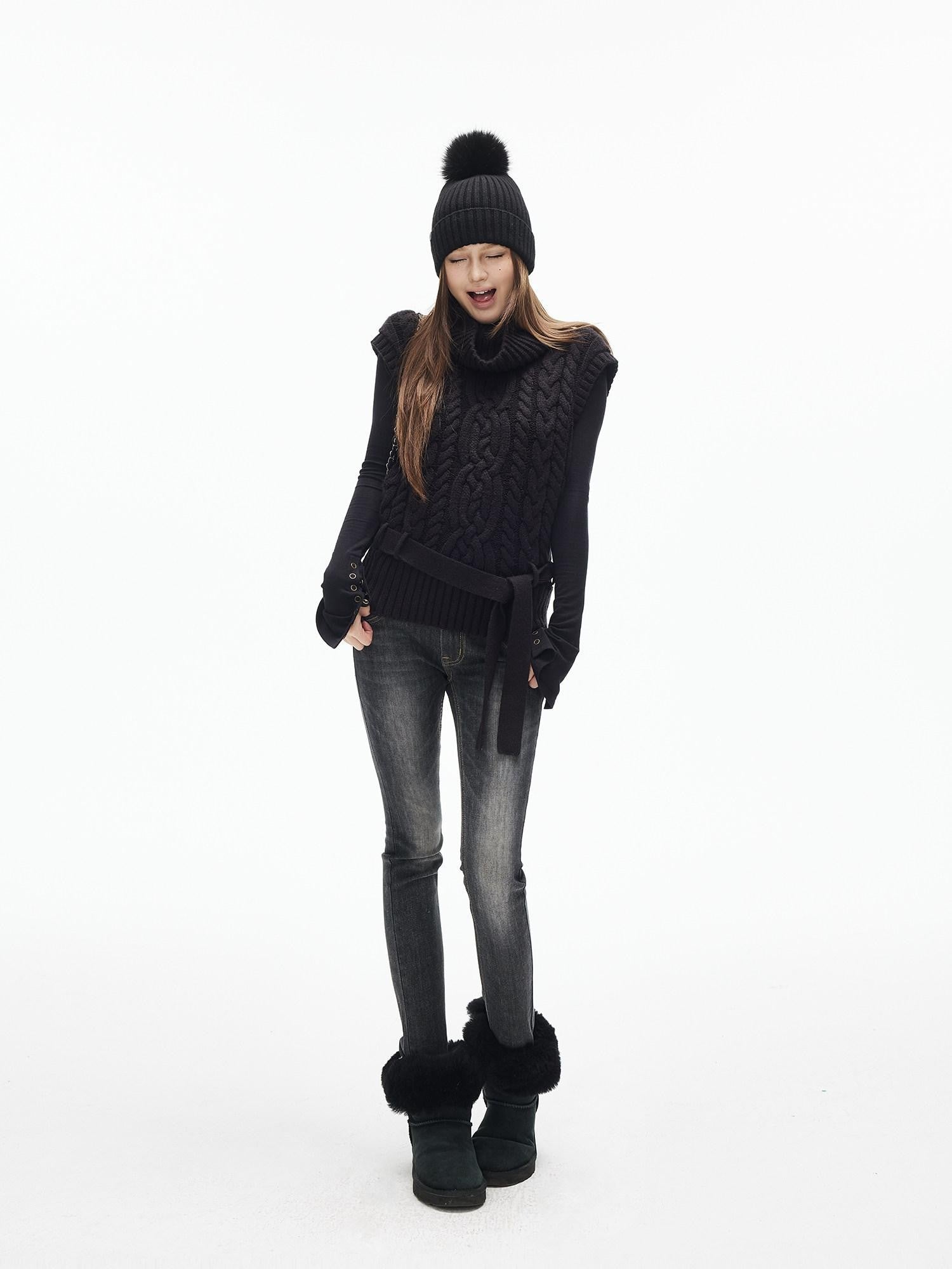 iamxiaa Black Vintage Washed Double Button Whiskered Women&