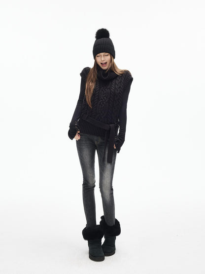 iamxiaa Black Vintage Washed Double Button Whiskered Women&