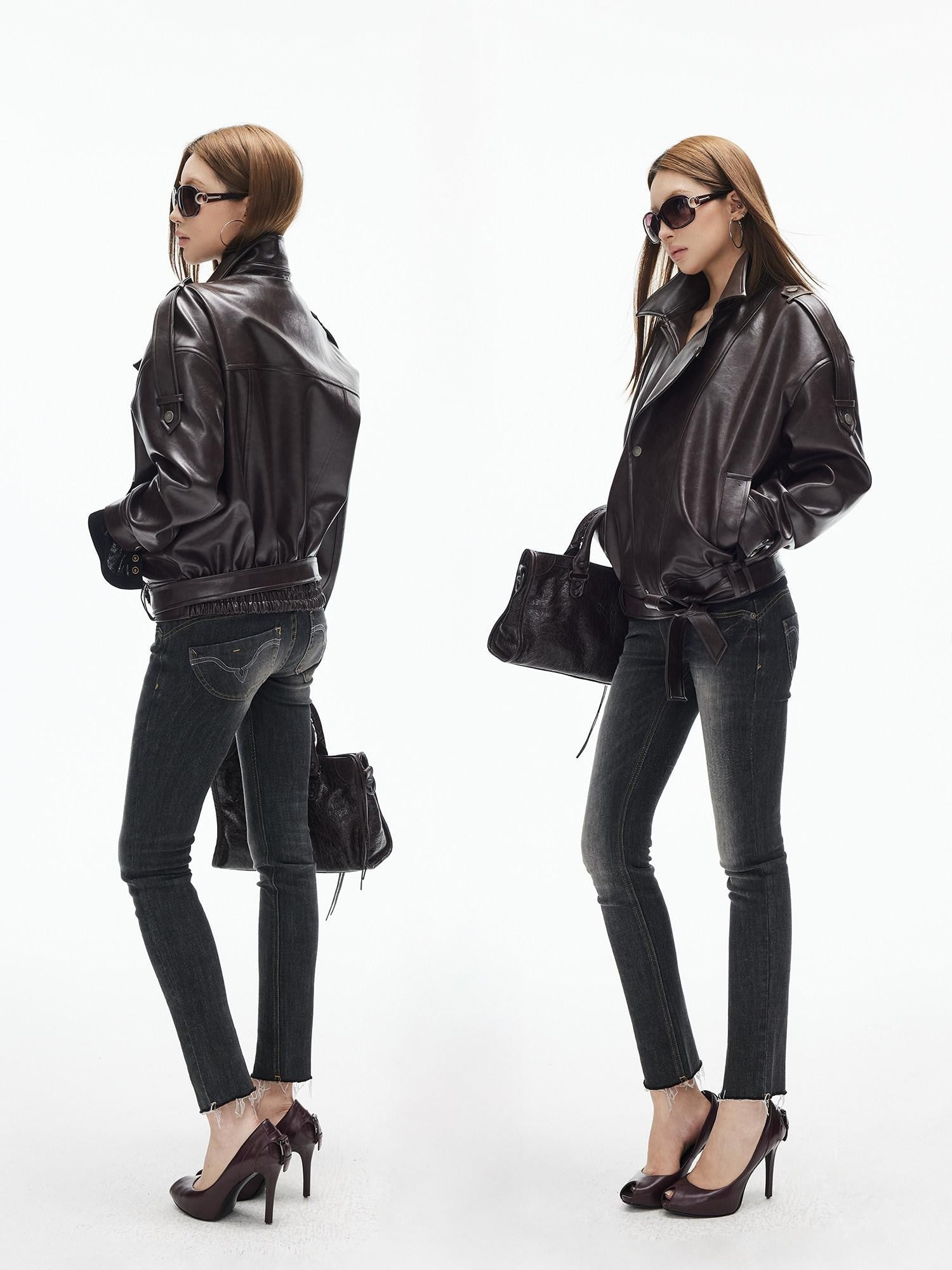 iamxiaa Black Vintage Washed Double Button Whiskered Women&