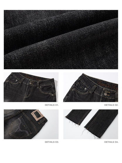 iamxiaa Black Vintage Washed Double Button Whiskered Women&