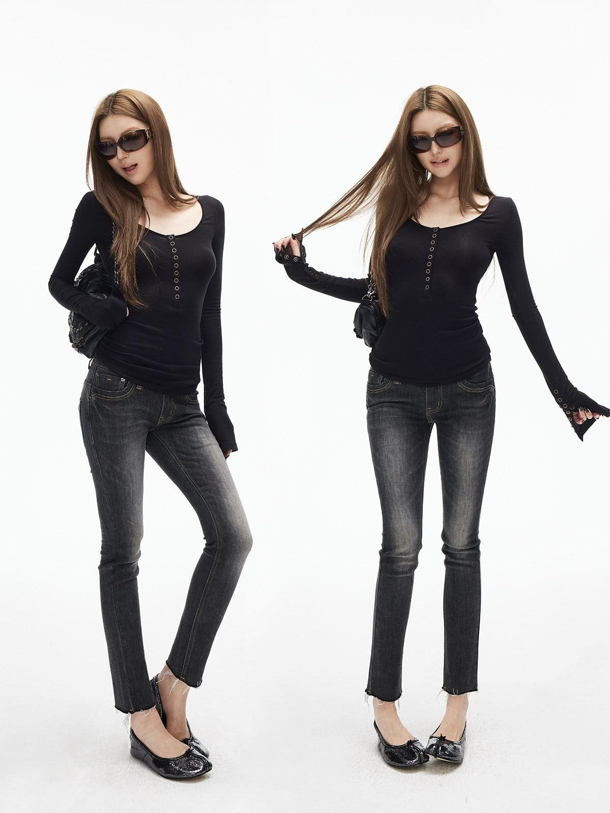 iamxiaa Black Vintage Washed Double Button Whiskered Women&
