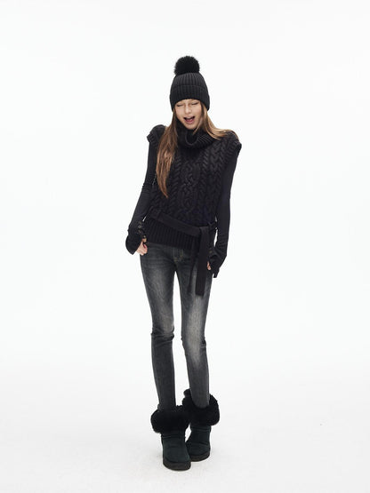 iamxiaa Black Vintage Washed Double Button Whiskered Women&