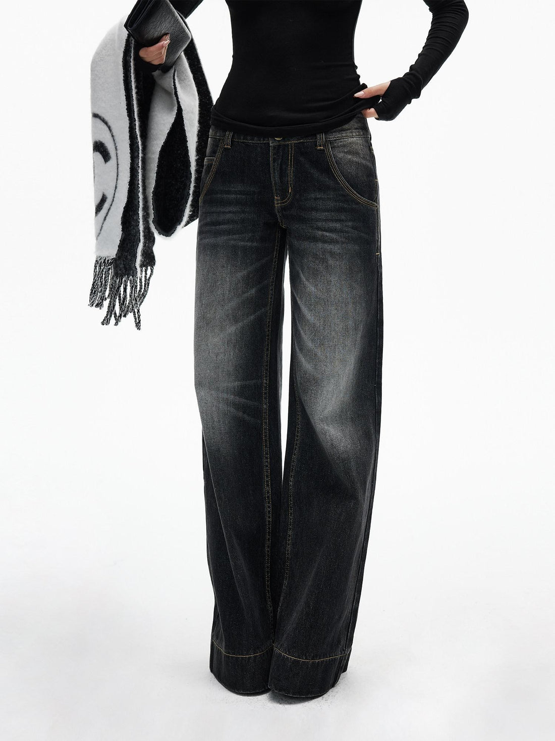 iamxiaa Black Washed Double Button Wide Waist Women&