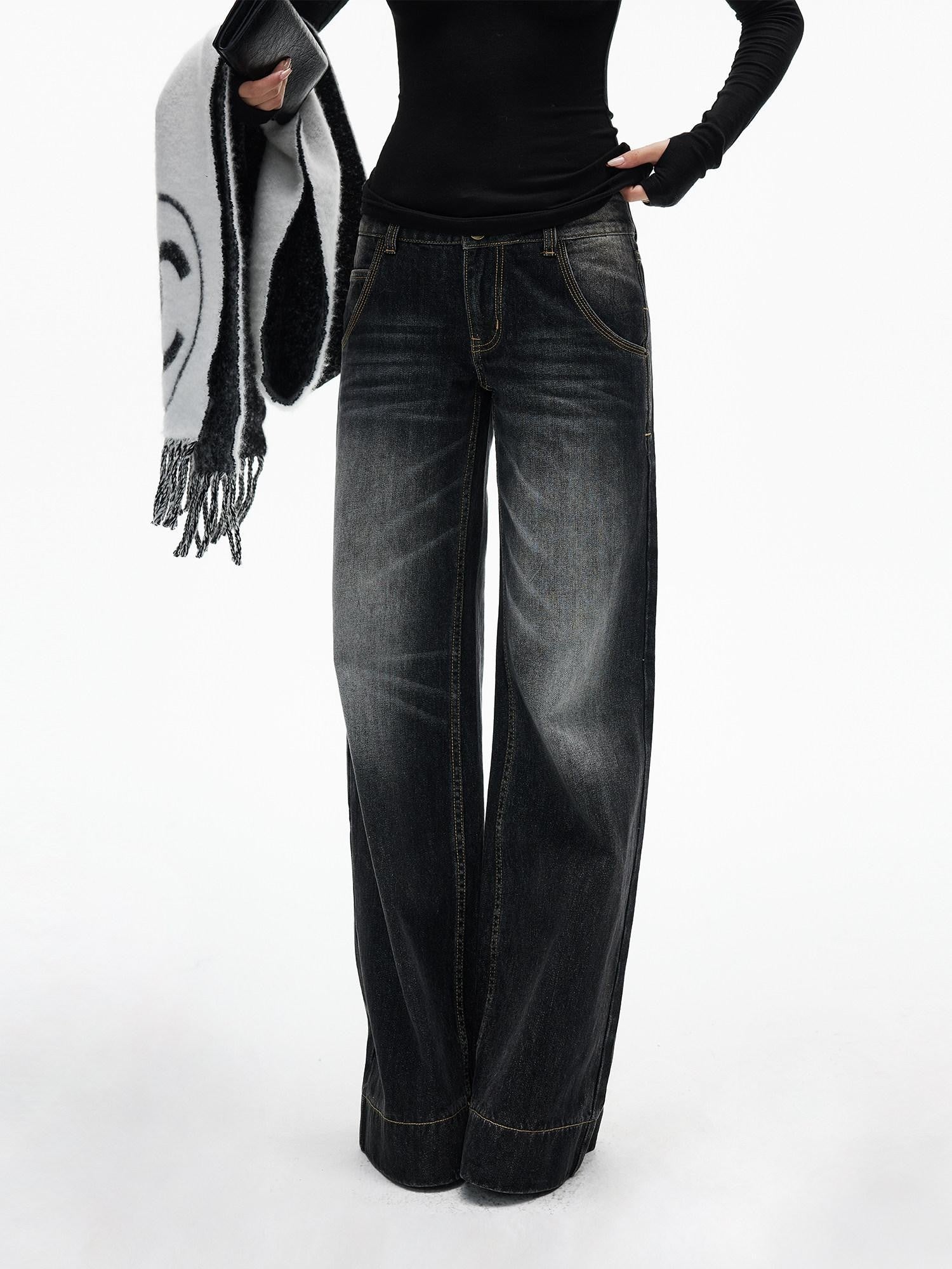 iamxiaa Black Washed Double Button Wide Waist Women&