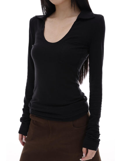 iamxiaa Black White Fringed Polo Collar Knit Women&