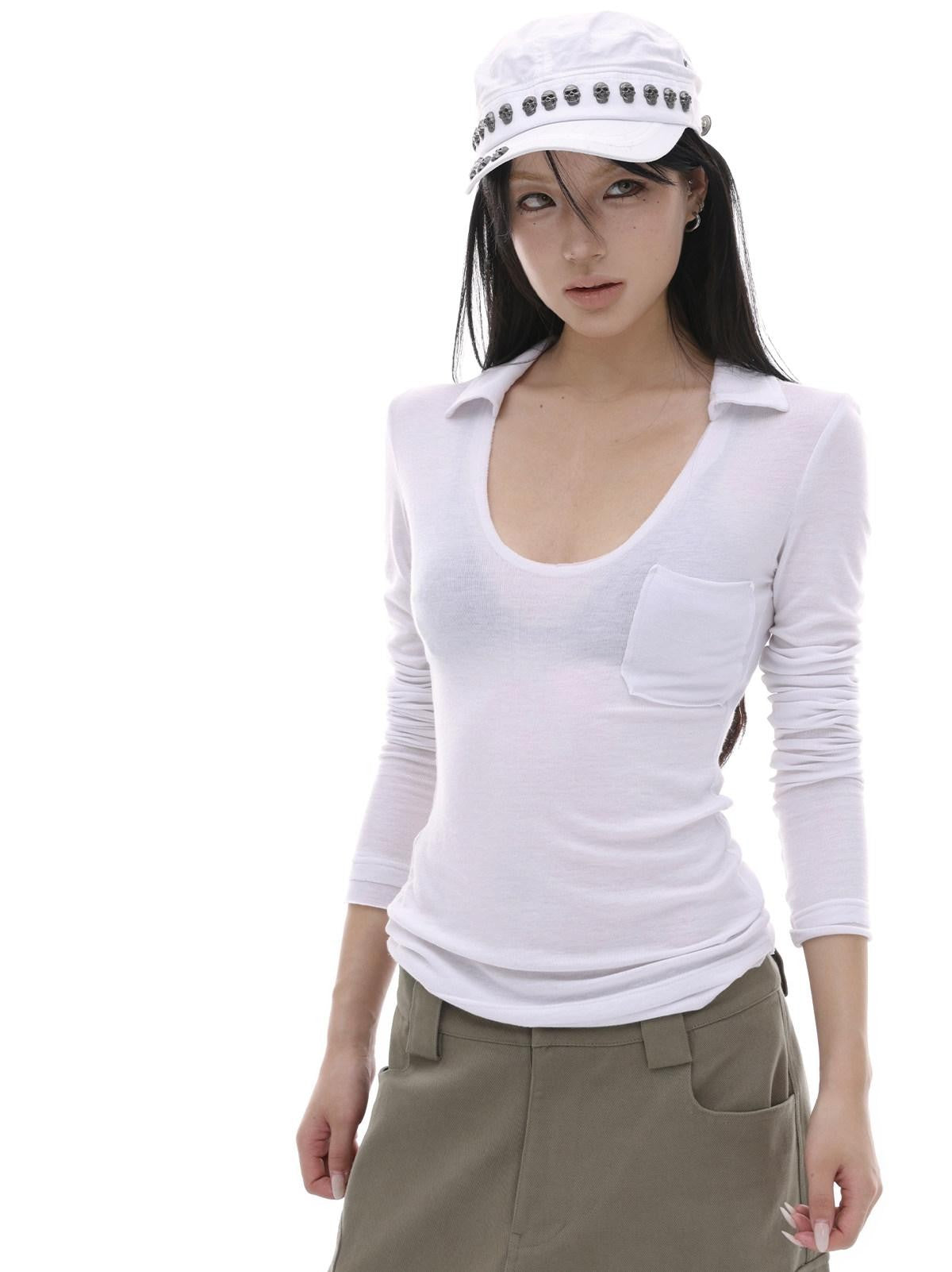 iamxiaa Black White Fringed Polo Collar Knit Women&