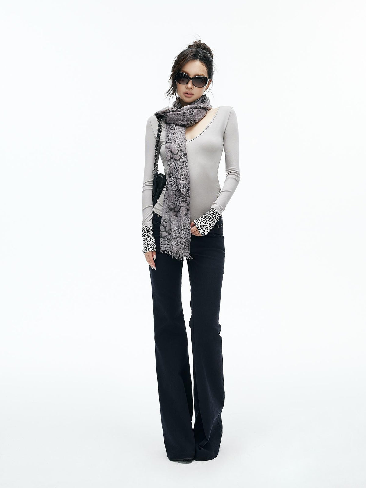 iamxiaa Black White Leopard Print Heart Neck Patchwork Slim Fit Lyocell Women&