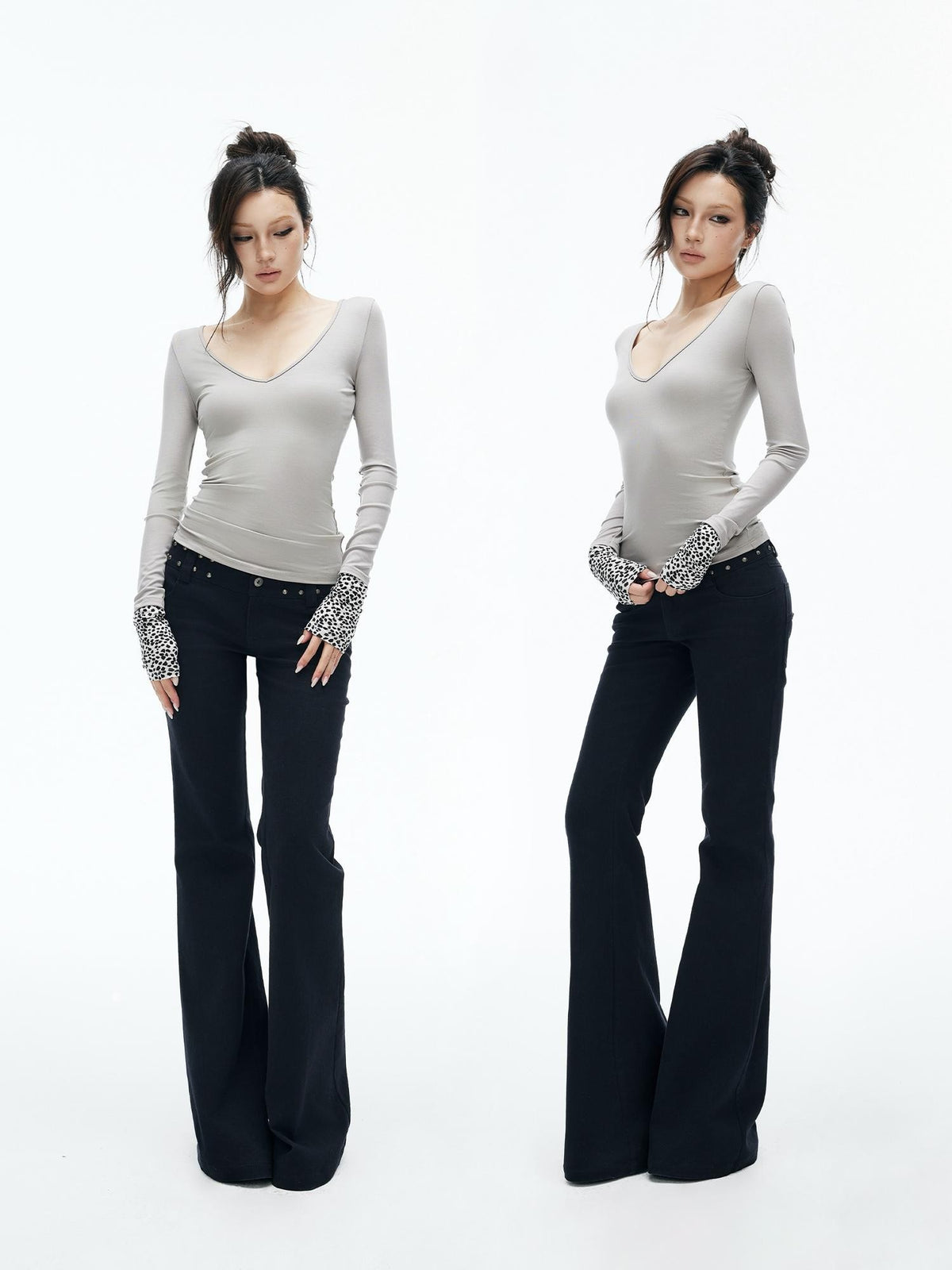 iamxiaa Black White Leopard Print Heart Neck Patchwork Slim Fit Lyocell Women&