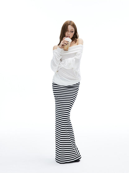 iamxiaa Black White Stripe Hline Foldover Waist Women&